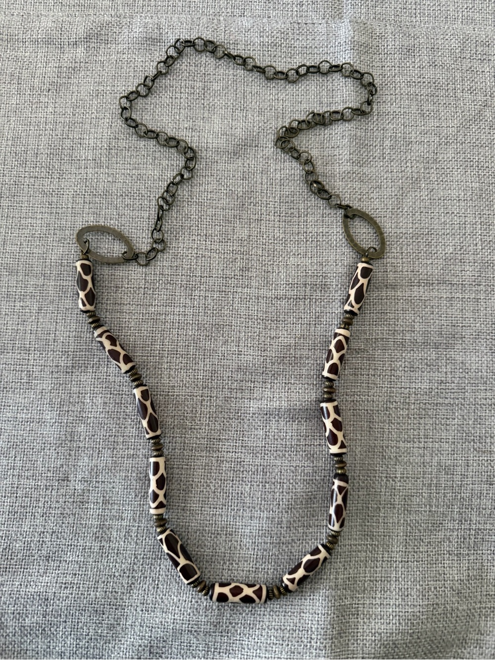 Safari Giraffe Print Tube Bead Statement Necklace | Artisan Tribal Bronze Tone
